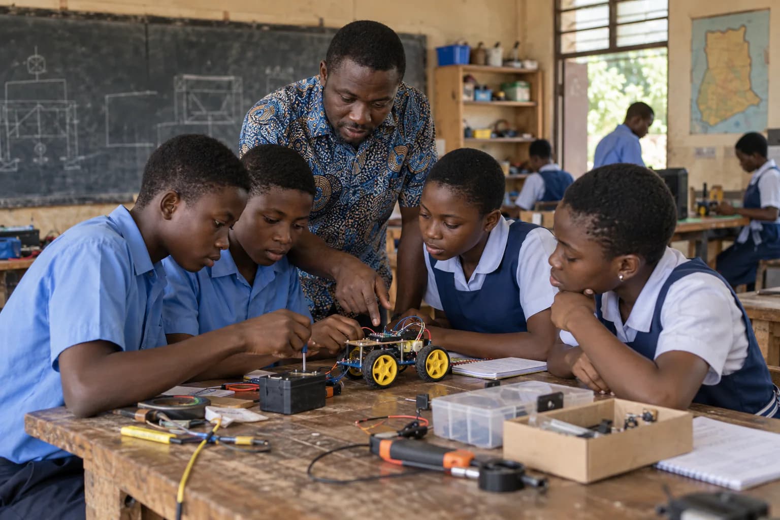 Ghanaian learners building a classroom robot with guidance from their teacher