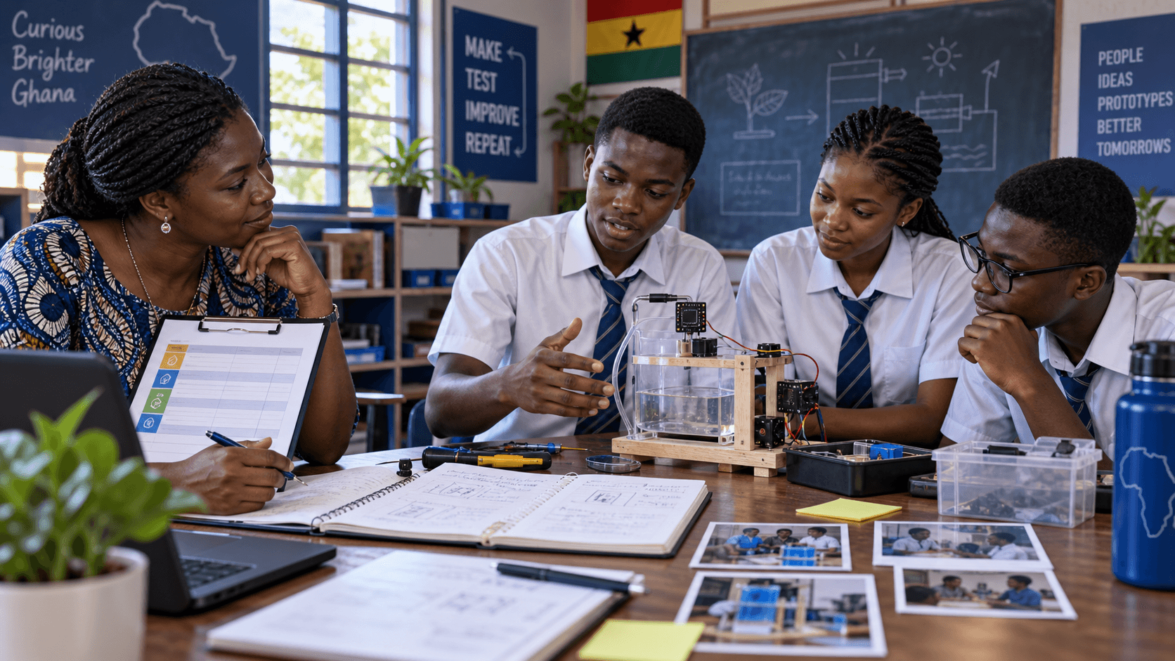 A Ghanaian teacher assessing student engineering evidence and a working prototype