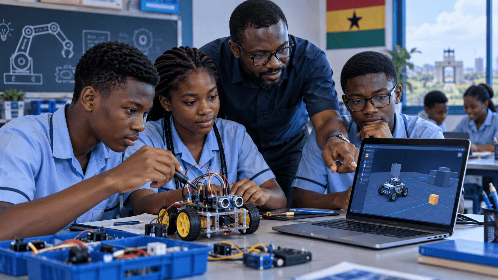 Ghanaian students moving between coding, simulation and physical robotics