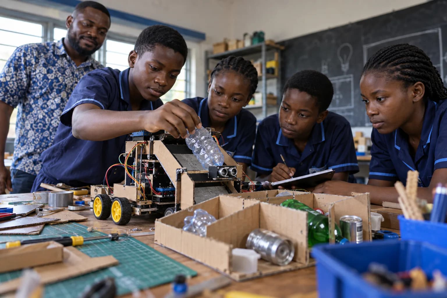 Ghanaian learners testing a locally relevant recycling robot prototype