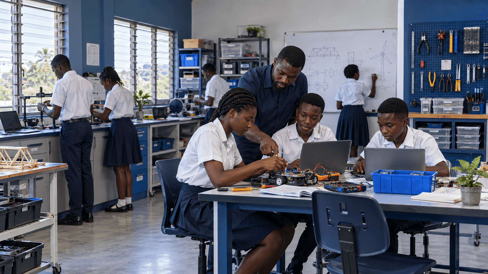 A working Ghanaian school STEM laboratory with students, tools and organised storage